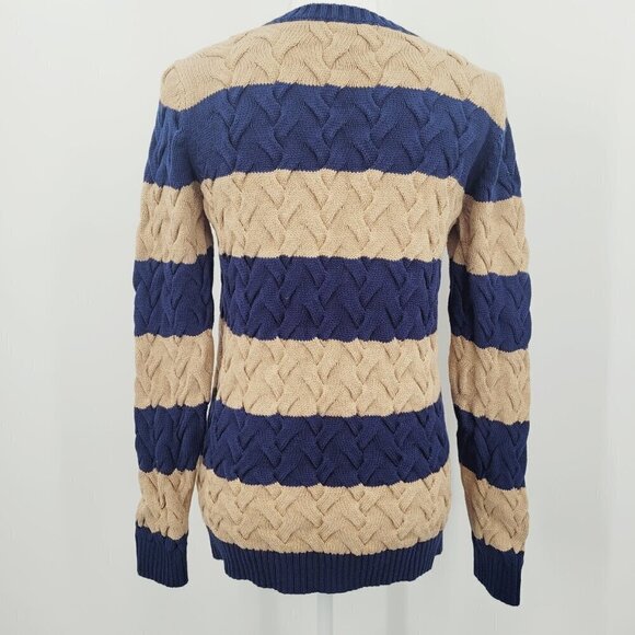 Land's End Drifter Cable Knit Navy & Tan Stripe Pullover Cotton Sweater - Picture 5 of 8